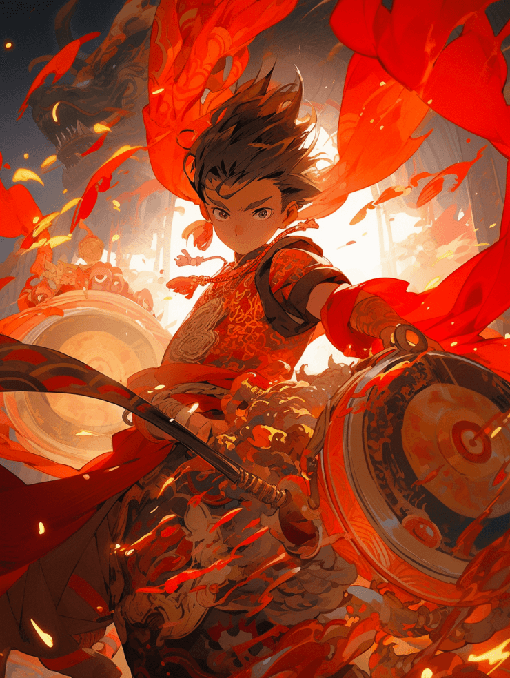 AI generated: Nezha, boy, Chinese mythology,Red scarf, Fiery wheels, Lotus flower, Magical weapons, blue, Closeup ...