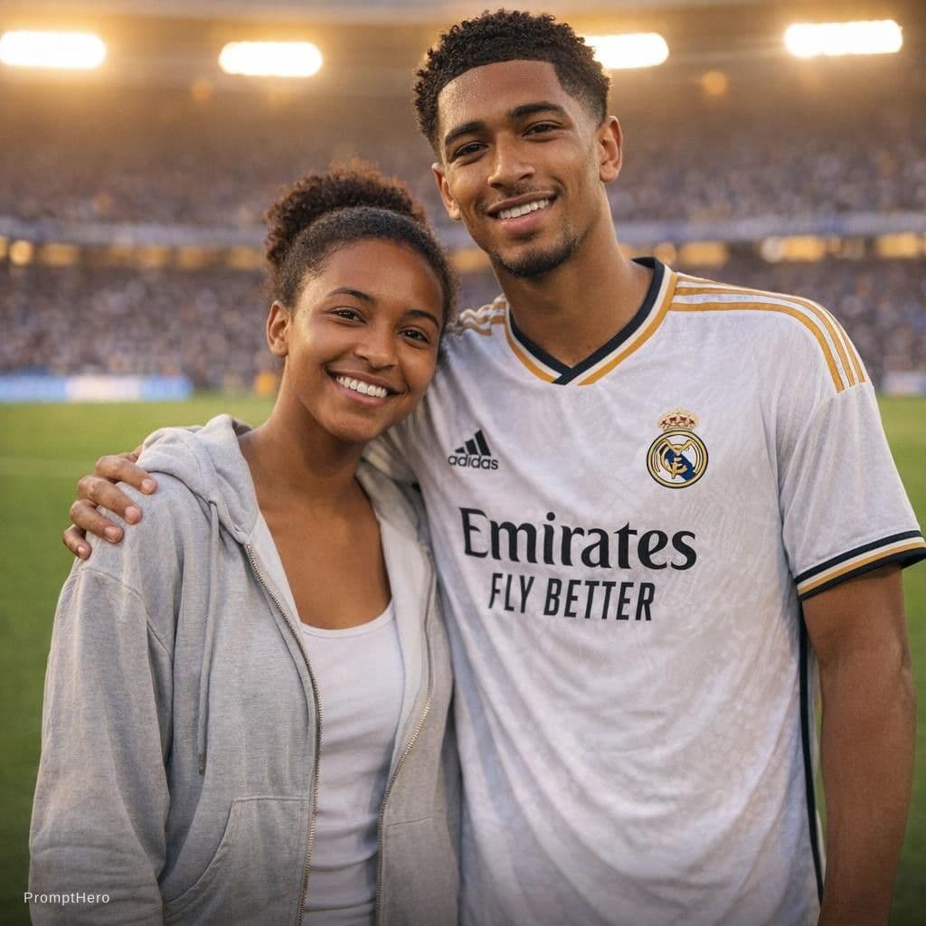 AI generated: A highly realistic 4K photo of a young female fan standing on a football stadium pitch next to Jude ...