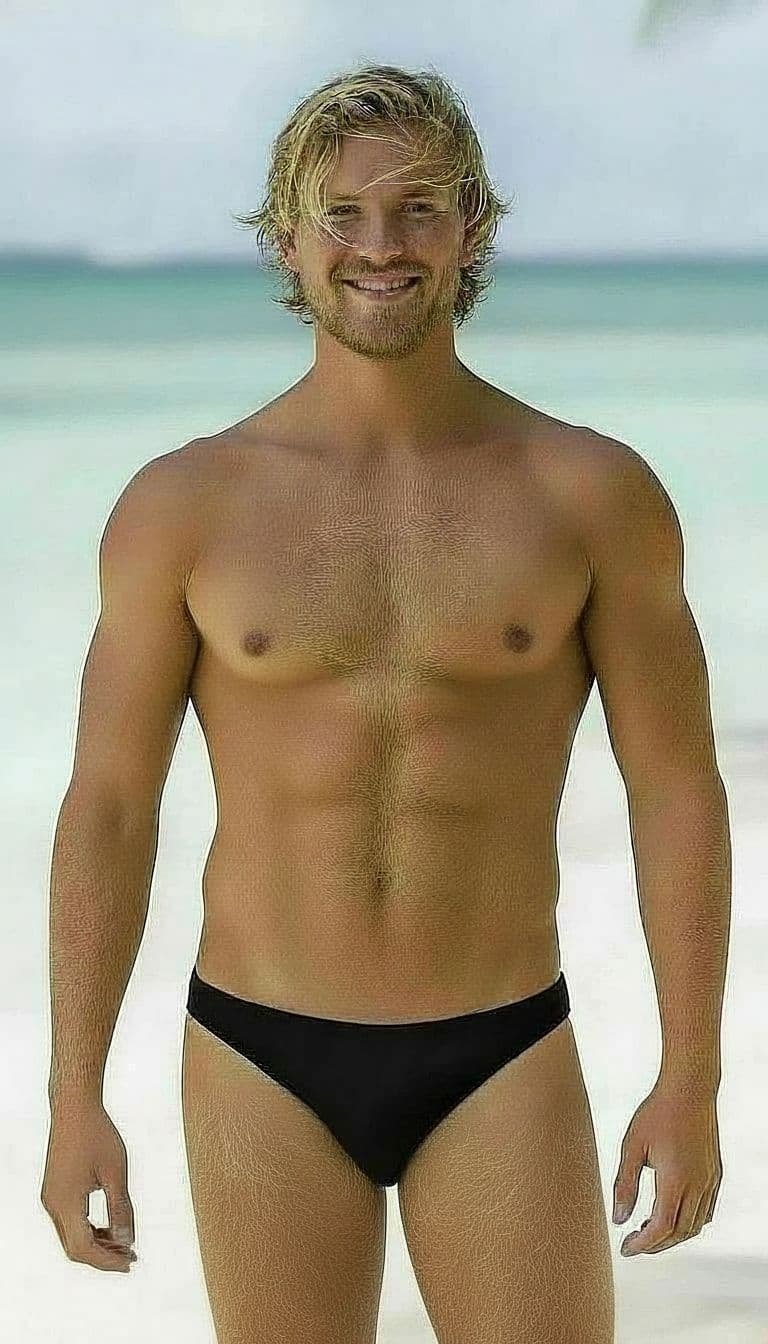 AI generated: Give him more blond stubble on his face
Give him much more blond hair on his chest
Make his should...