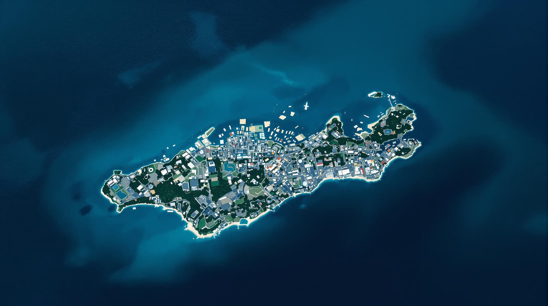 AI generated: create an overhead image of the whole island of Jersey, Channel Islands, and what it represnts