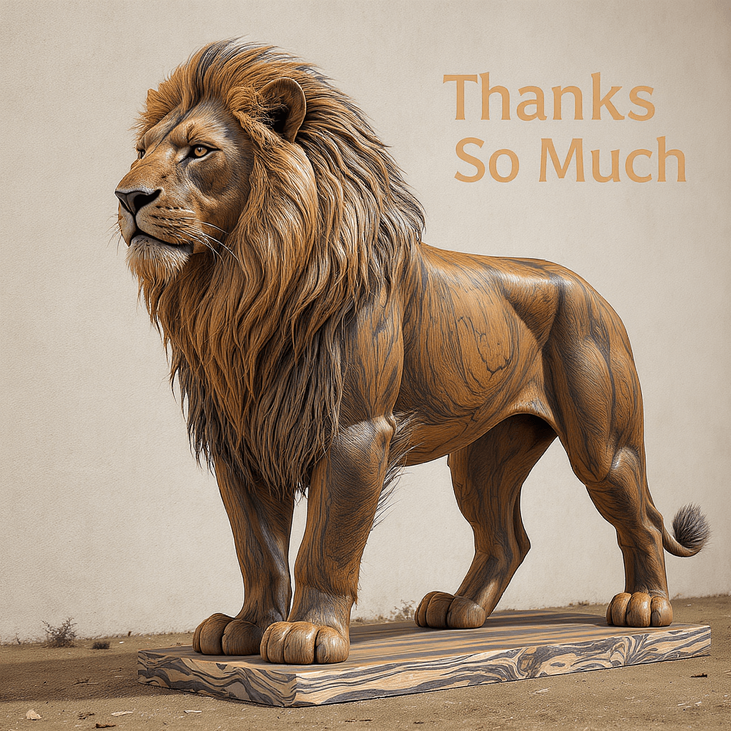 AI generated: full-body ultra-detailed, photorealistic, lion made of weathered teakwood, high resolution. With the...