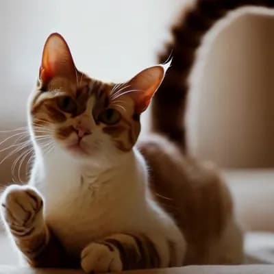 AI generated video: Cat pose with hands and wrists. Cat ears move and swivel and twitch. Tail curls and moves and wags.