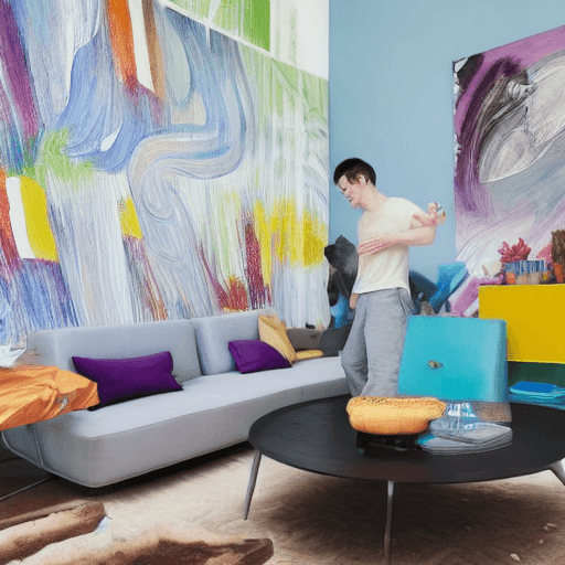 AI generated: Young man thinking in the living room of his apartment. The sun is bright and the sky is partly clou...