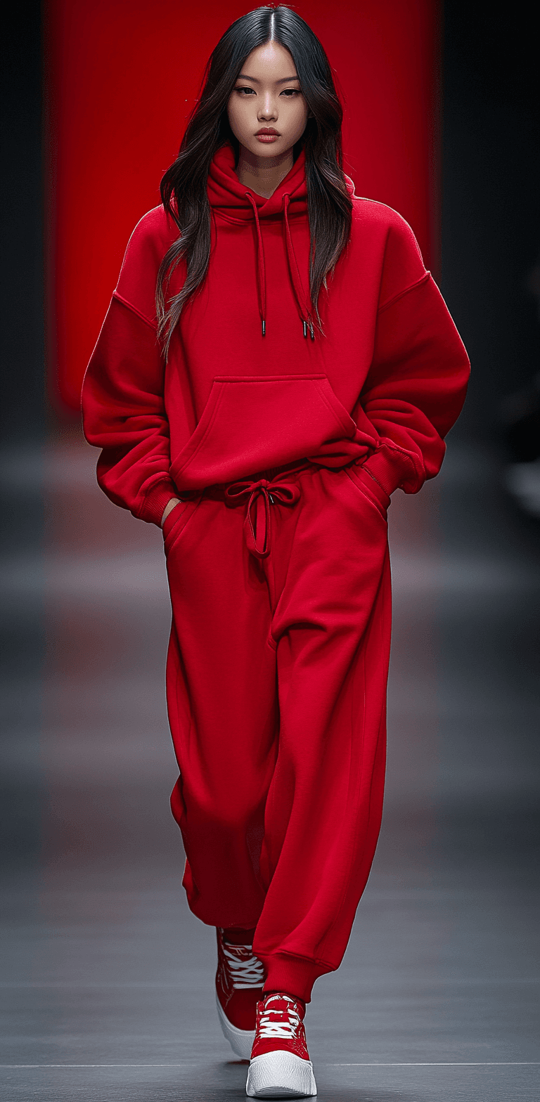 AI generated: A beautiful female model wearing an oversized red hoodie and sweatpants on the runway of Paris fashi...