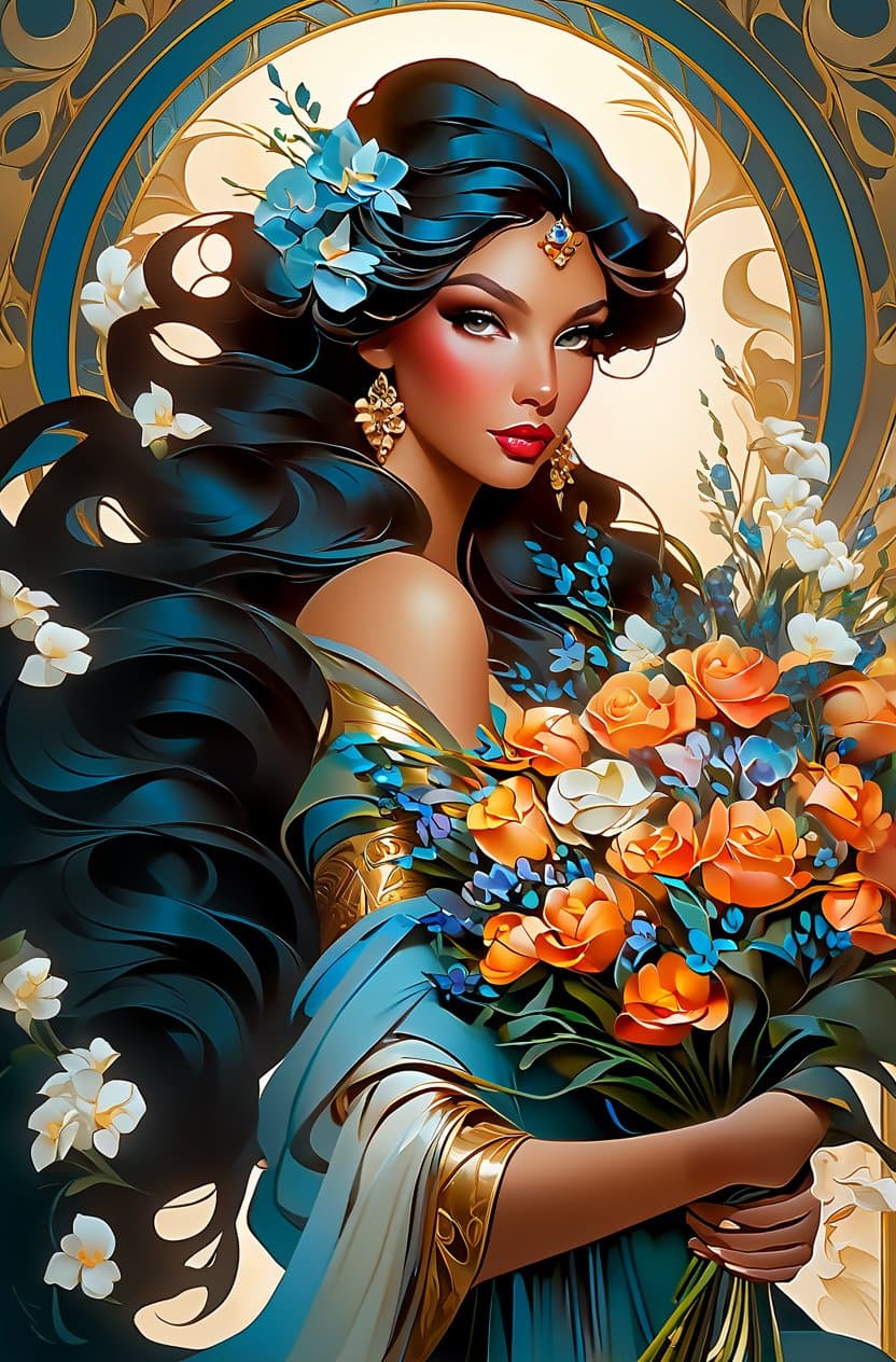 AI generated: portrait of a beautiful mysterious woman holding a bouquet of flowing flowers, hands hidden under th...