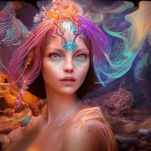 AI generated: Goddess close-up portrait ribcagel. jellyfish phoenix head, nautilus, orchid, skull, betta fish, bio...
