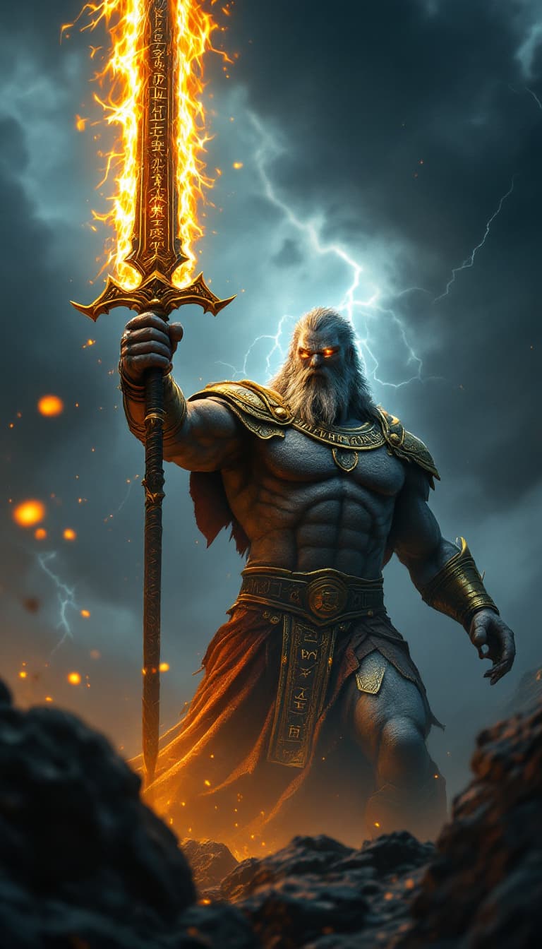 AI generated: Titan emerging from the shadows:
A colossal Titan from Greek mythology with glowing eyes and stone-l...