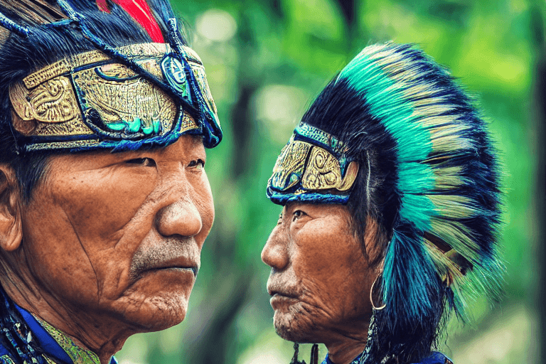 AI generated: portrait photo  of a asia old warrior chief,  tribal panther make up, blue on green, side profile, l...