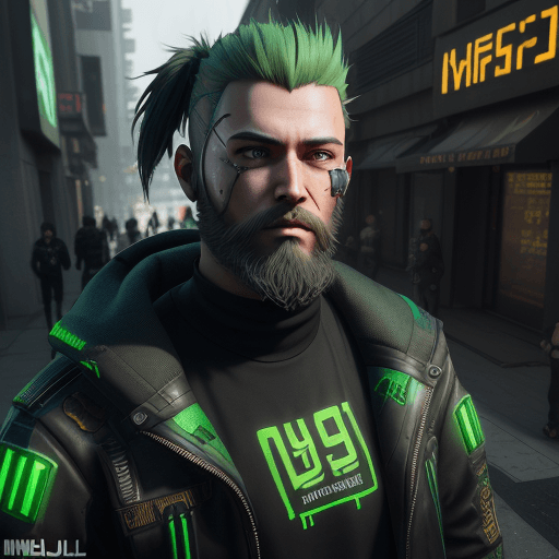 AI generated: Young, short beard, unmasked, cyberpunk, outdoor, street, green, hyperrealism, photorealistic, 8k, u...