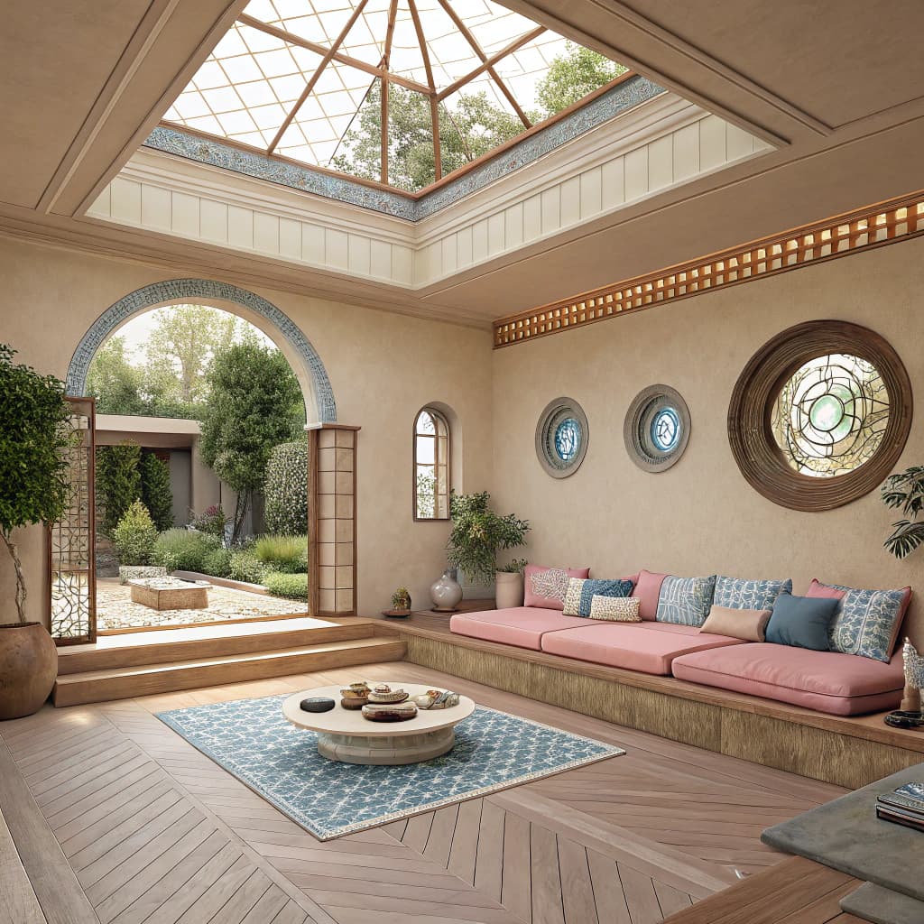 AI generated: High resolution photography interior design, dreamy sunken living room conversation pit, wooden floo...