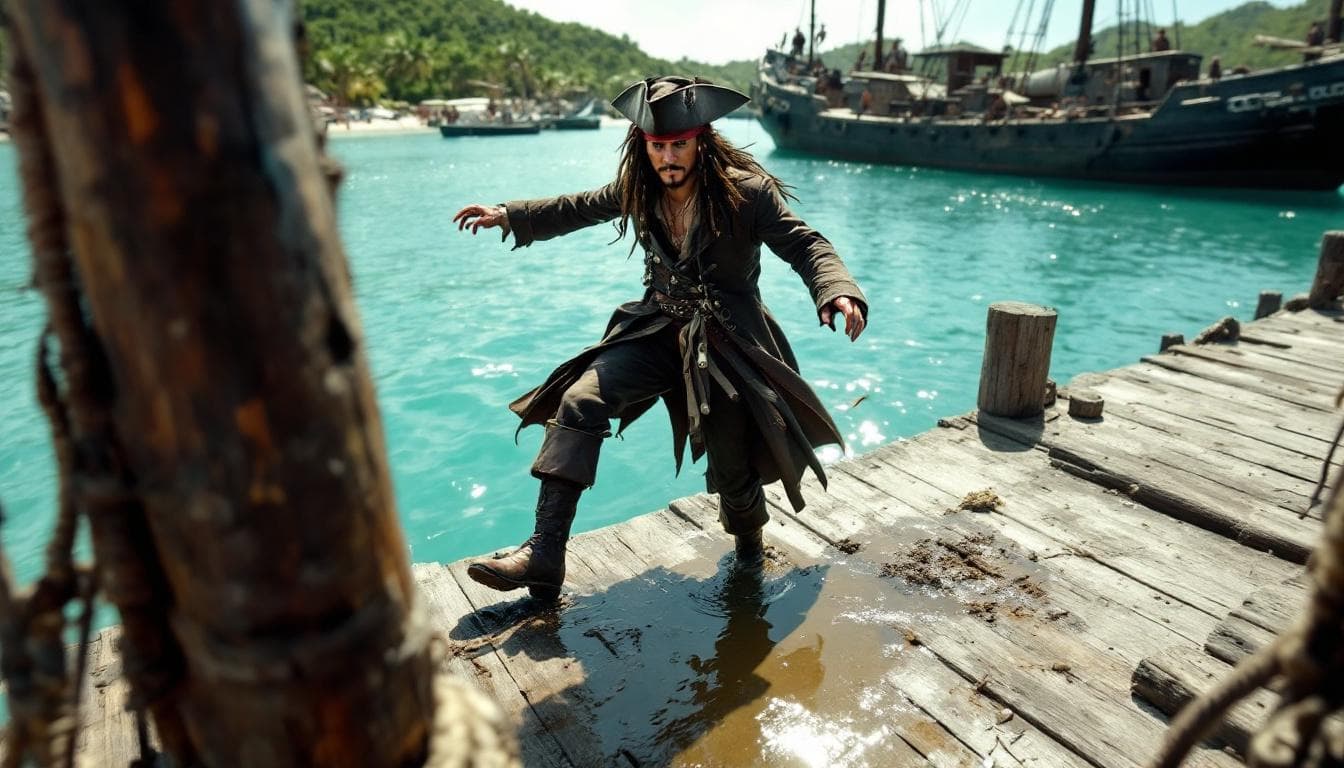 AI generated: "Capture the precise moment Jack Sparrow steps onto the dock from the mast of his sinking ship in Pi...