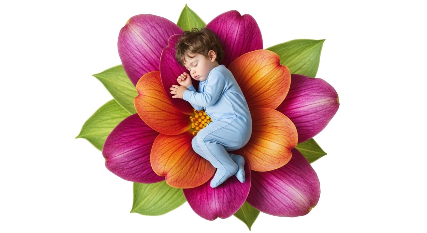 AI generated: In the calyx of an exotic flower a very cute toddler boy lies and sleeps, white background