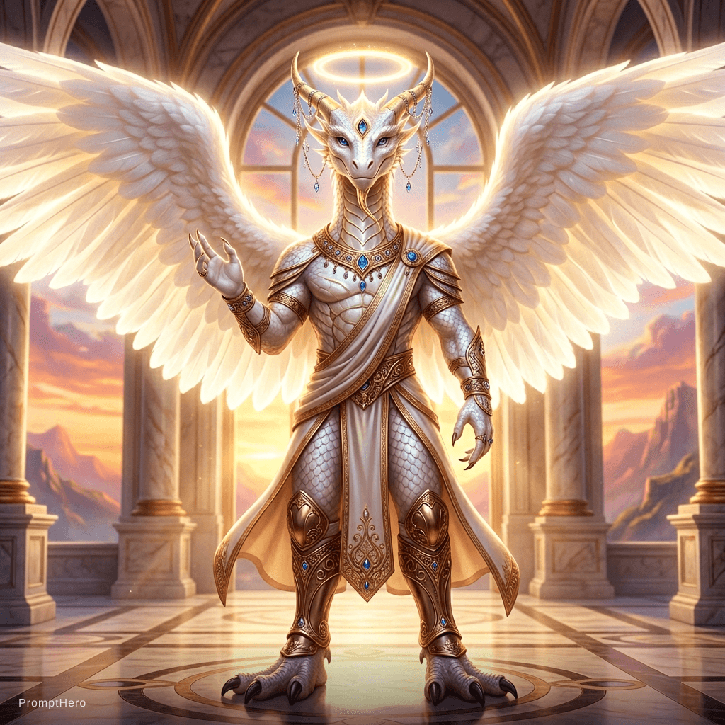 AI generated: A majestic and powerful humanoid mythical creature with a dragon head, featuring smooth, elegant sca...