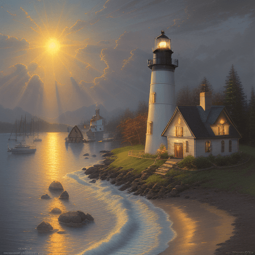 AI generated: thomas kinkade the village lighthouse sun