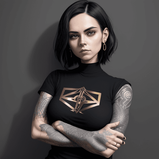 AI generated: a woman in black shirt with her arms folded against , in the style of tattoo, normcore, dark silver ...