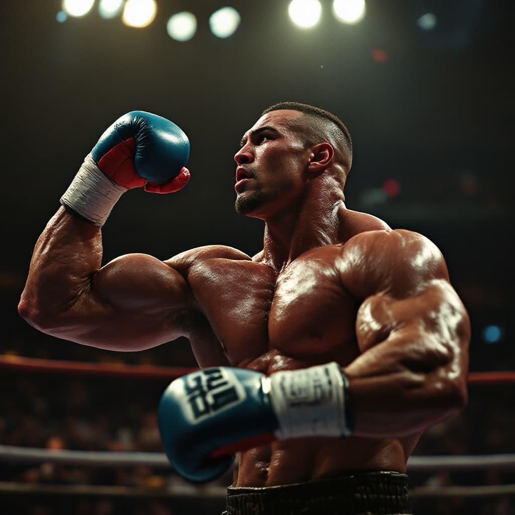 AI generated: photograph,a muscular boxer in the ring flexes his chiseled biceps, sweat glistening under intense s...
