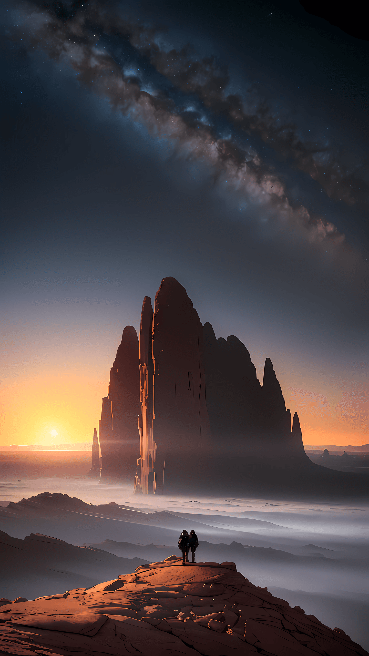 AI generated: (masterpiece, award winning, high quality:1.2), Distant planet, desolate terrain, towering rock form...