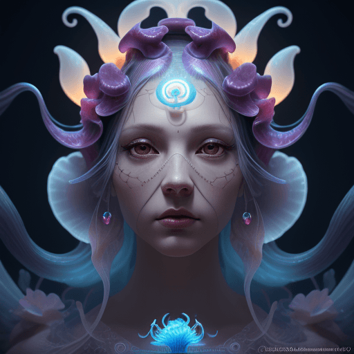 AI generated: Goddess close-up portrait ribcagel. jellyfish phoenix head, nautilus, orchid, skull, betta fish, bio...