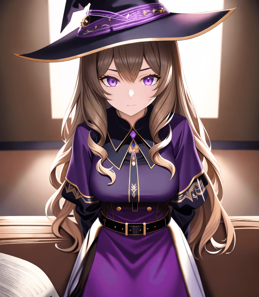 AI generated: (perfect anime illustration), 1girl, long brown hair, curly hair, (witch, indoors, scary), medium br...