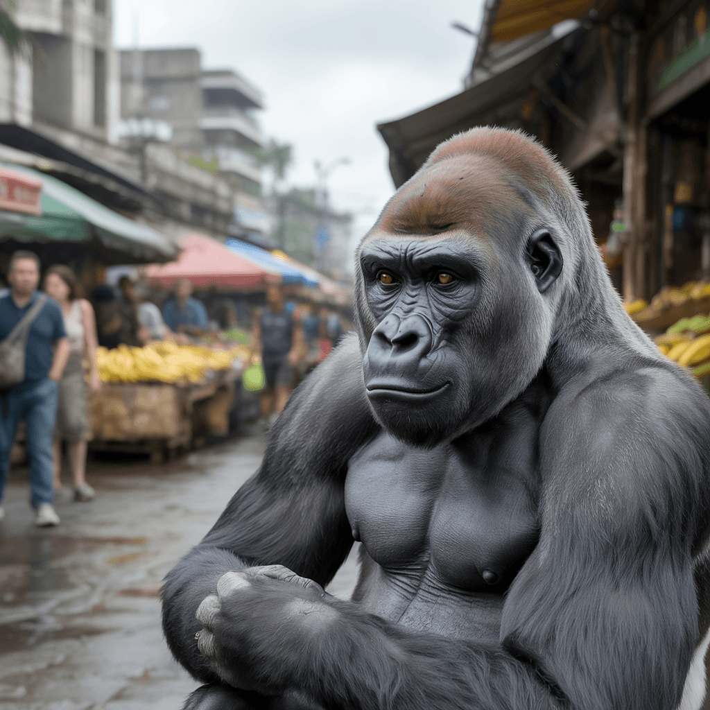 AI generated: Hyper-realistic POV of a western lowland gorilla, with his left arm and camera off screen. Market sc...
