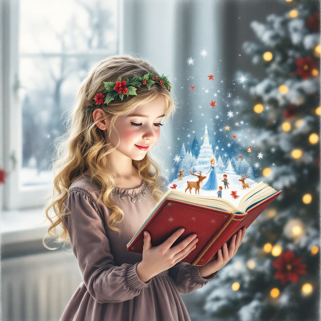 AI generated: Charcoal and pastel drawing. A 10-year-old girl with blonde curls. She is wearing a Christmas dress ...