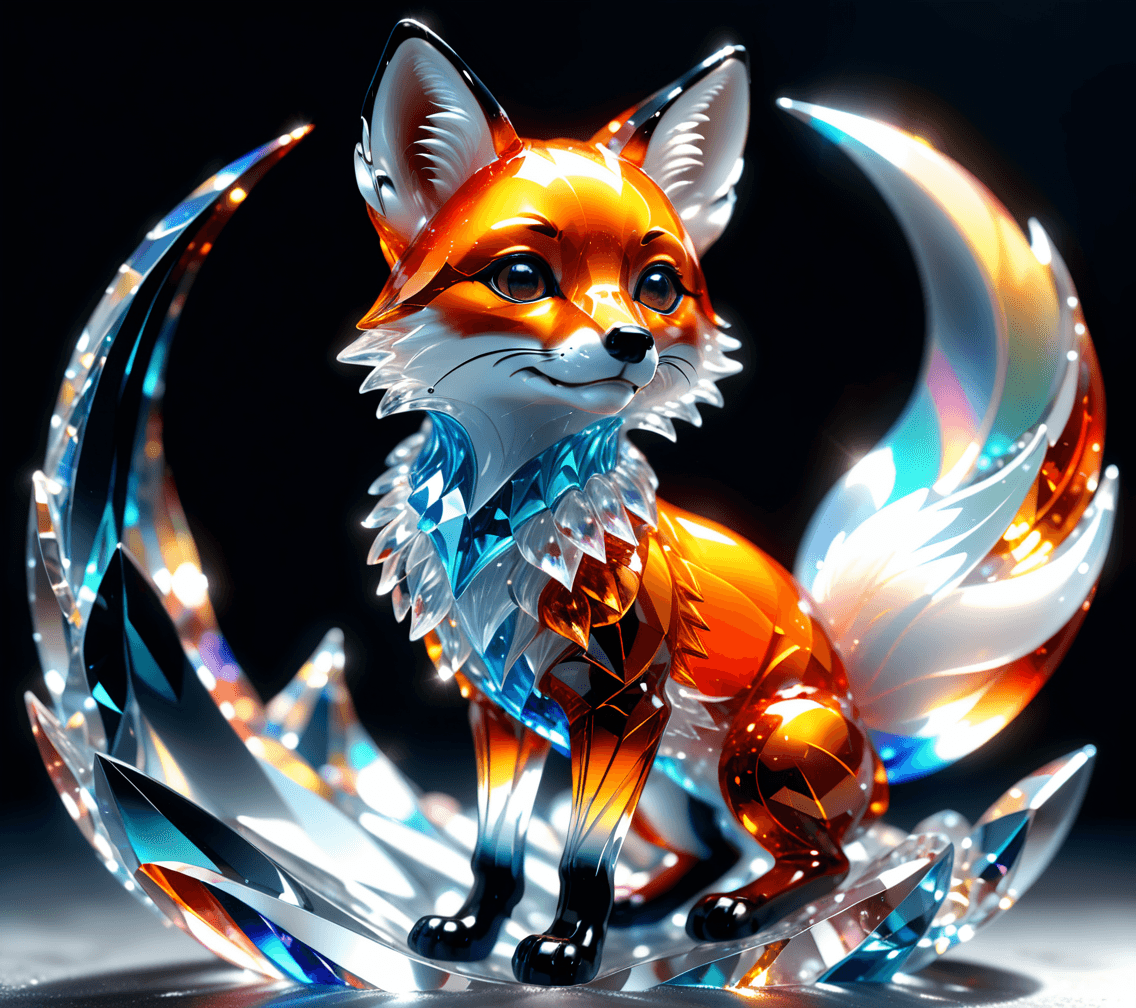 AI generated: baby Fox, surface with crystals and prisms, made of vivid glass, shiny arabesque glasswork, refracte...