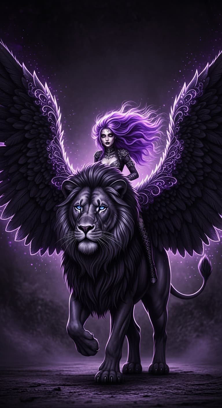 AI generated: A full body photo shot of an angelic mythical black lion with large black outstretched feathery wing...