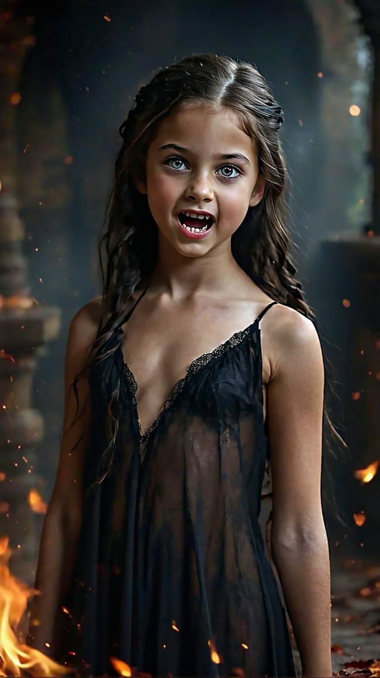 AI generated: beautiful tween vampire girl, wearing a low cut v top night gown, mouth slightly open, showing her v...