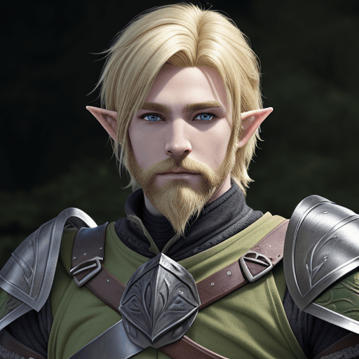 AI generated: Half-Elf male from D&D, shaggy blonde hair, blonde bearded, ranger, black and green leather armor, u...