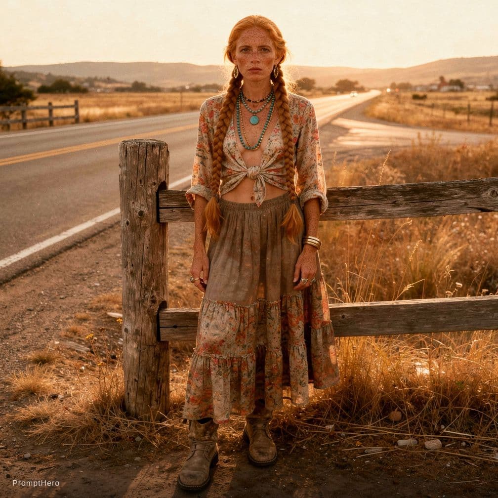 AI generated: A raw roadside documentary photograph captures a tall strawberry-blonde woman with sun-freckled skin...