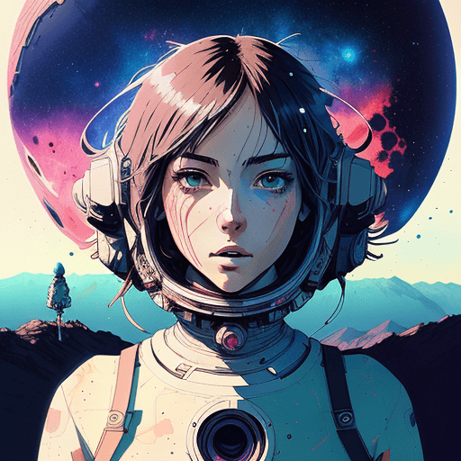 AI generated: space girl| standing alone on hill| centered| detailed gorgeous face| anime style| key visual| intri...