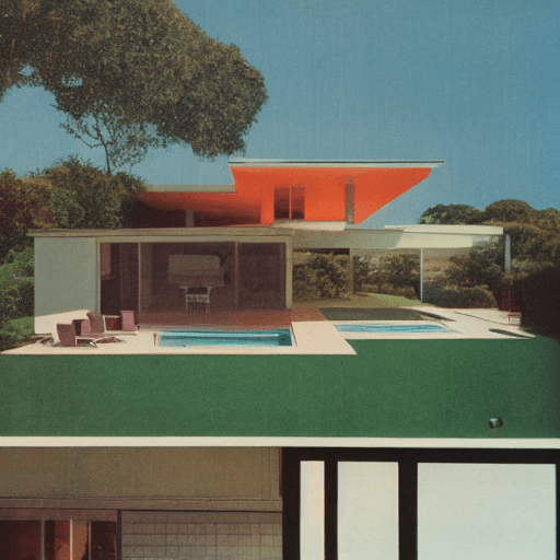 AI generated: hyper realistic eye level exterior photo of a mid century modern style house overlooking the ocean, ...
