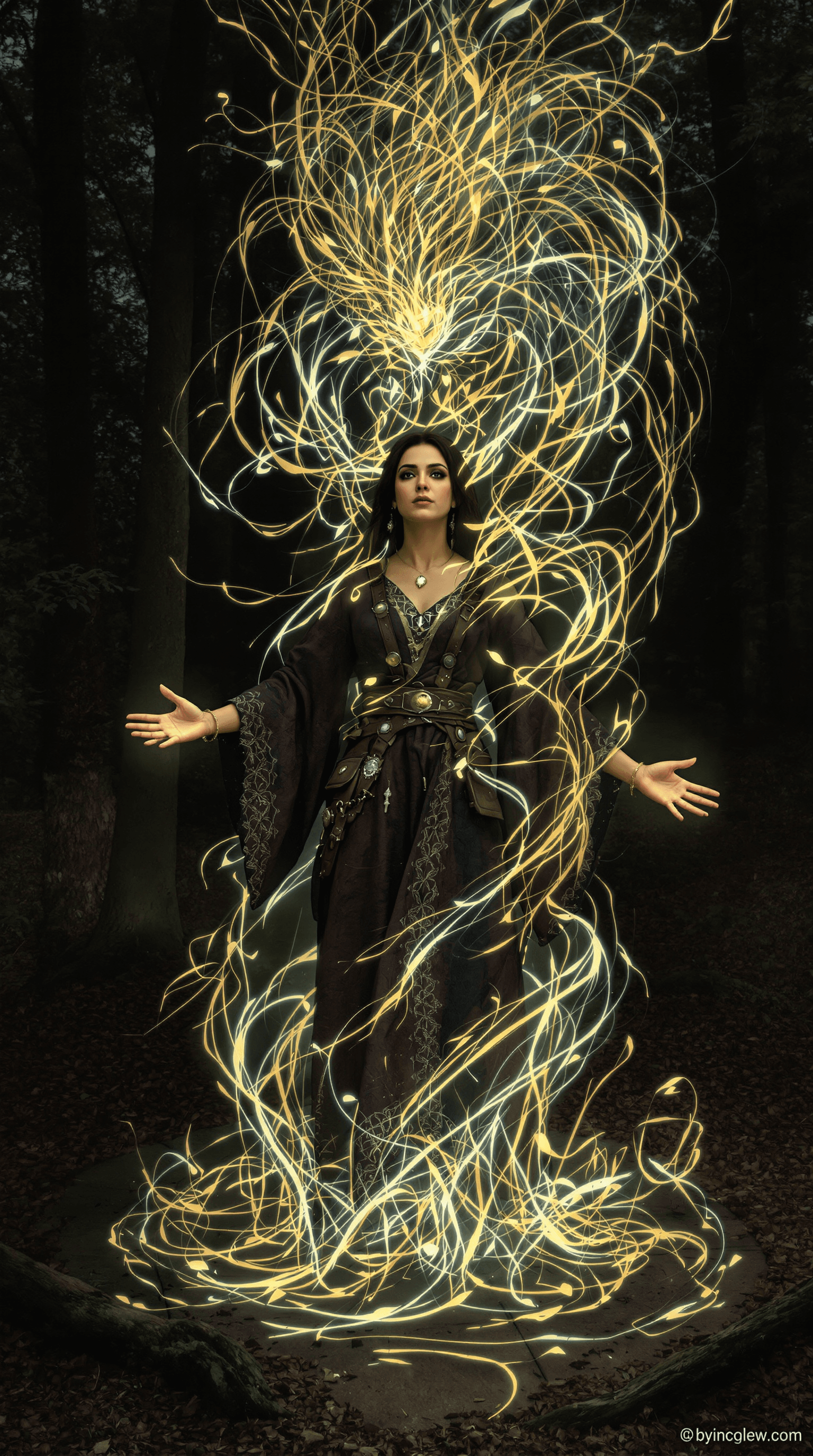 AI generated:     Overall Scene: A witch stands in a clearing in a dark forest, a powerful spell coming to life ar...