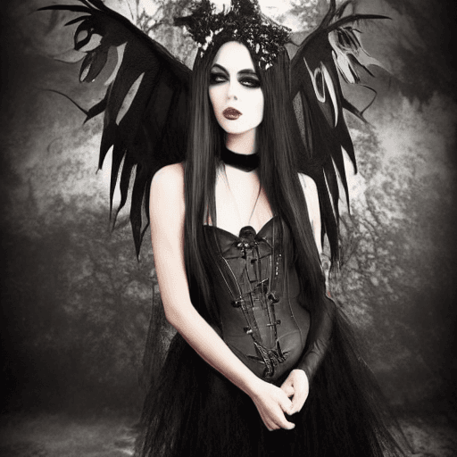 AI generated: there is a woman in a black dress and a fairy costume, villainess has black angel wings, fairy aesth...