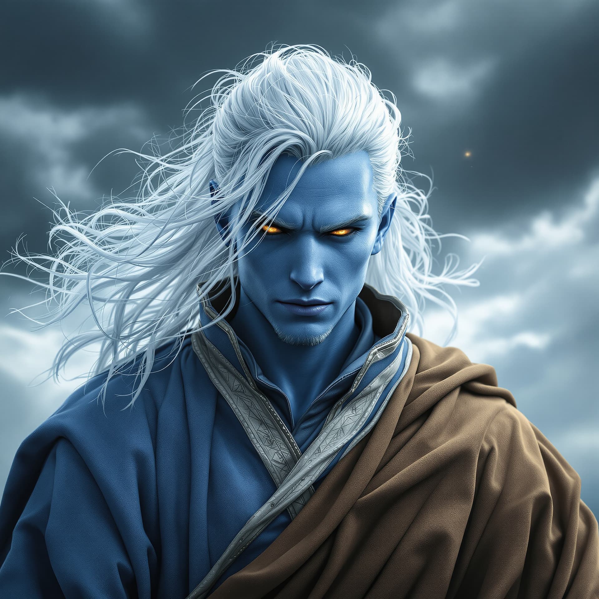 AI generated: Photo of a ultra realistic portrait, dramatic light, young male humanoid, sky blue skin tone, cinema...
