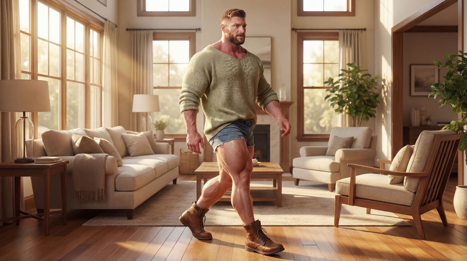 AI generated: the model is walking through the house. 