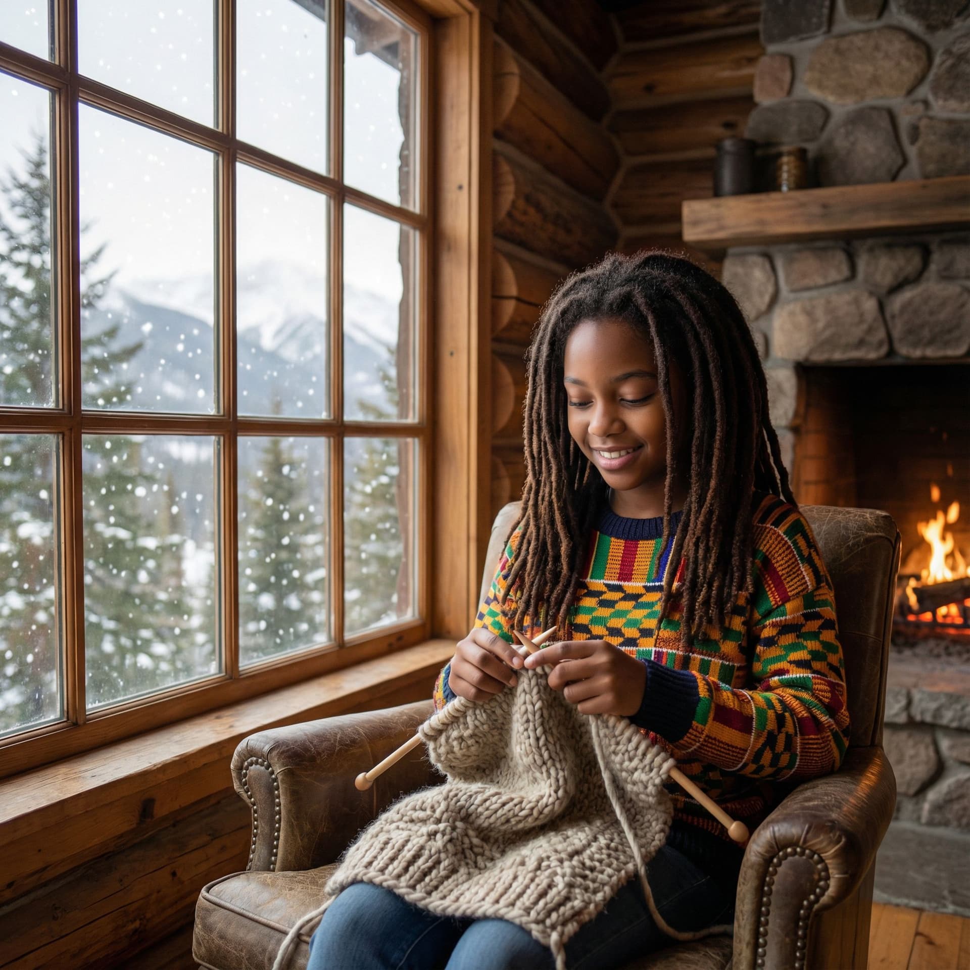 AI generated:  An African American girl wth long brown locs wearing a kente knit sweater is knitting a shawl by th...