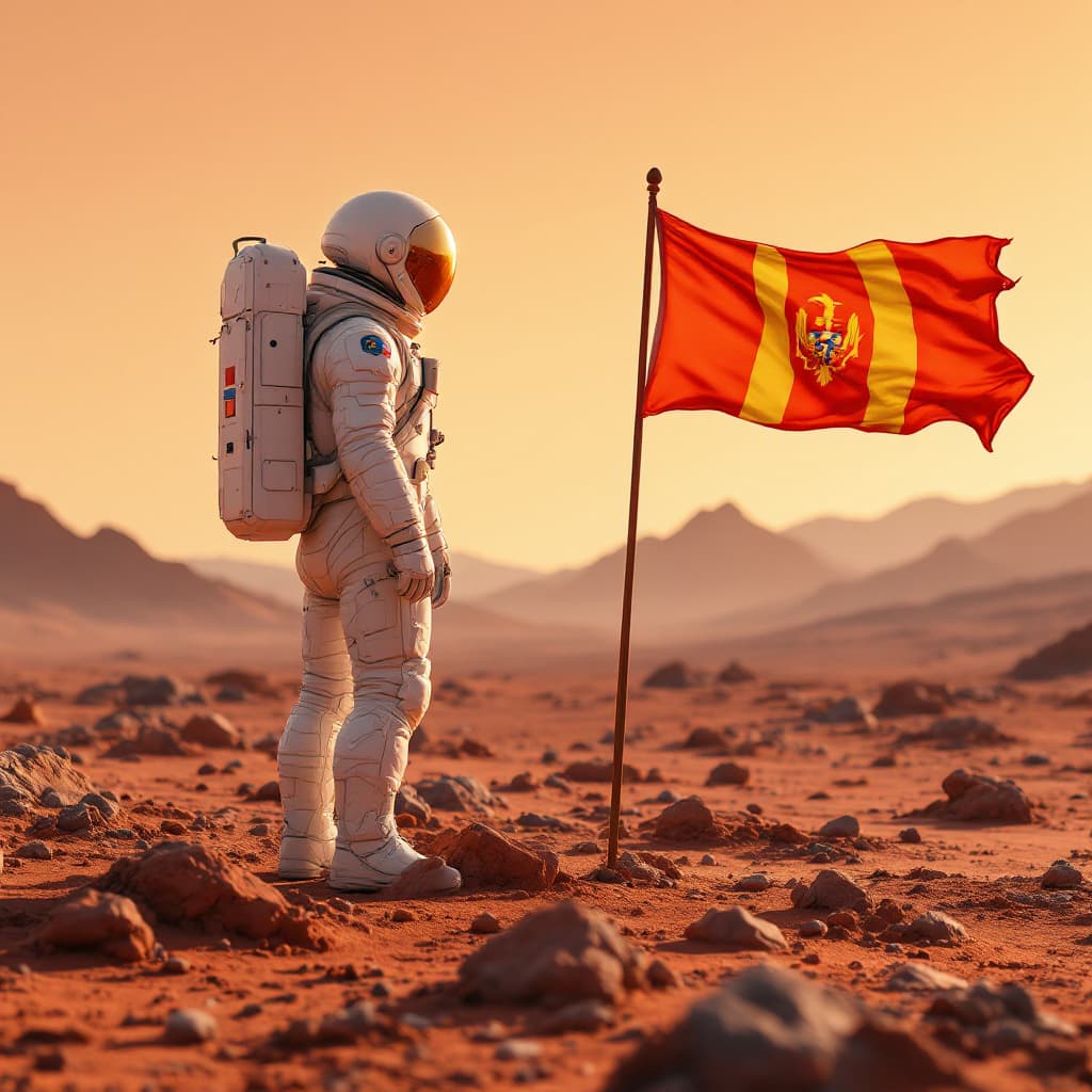 AI generated: A photorealistic depiction of an astronaut standing on a barren, rocky Martian landscape under a gol...