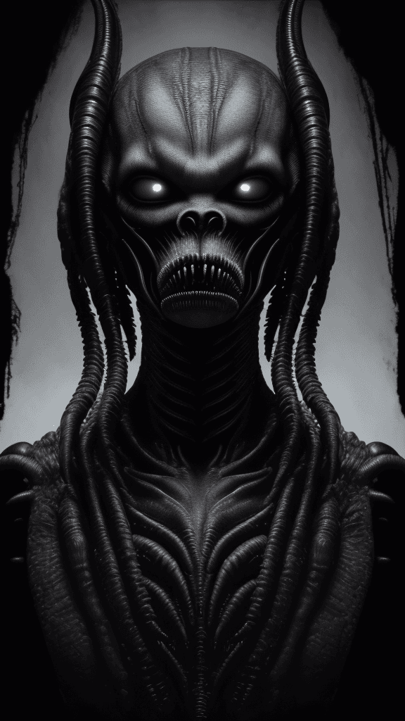 AI generated: "Dread-inducing Xenomorph RFKTR-style headshot (club card):1.1 featuring H.R. Giger's masterful touc...