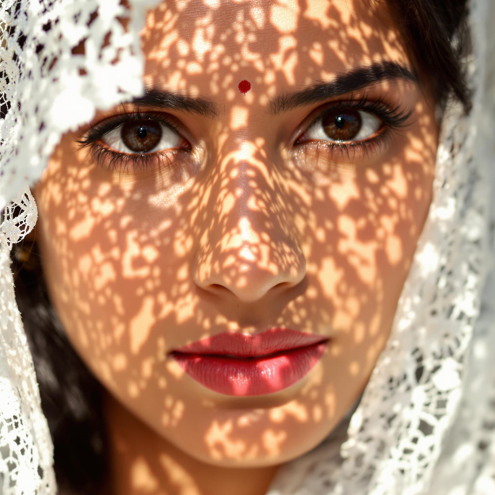 AI generated: A close-up portrait of an Indian woman with black eyes, partially covered by a lace veil, with sunli...