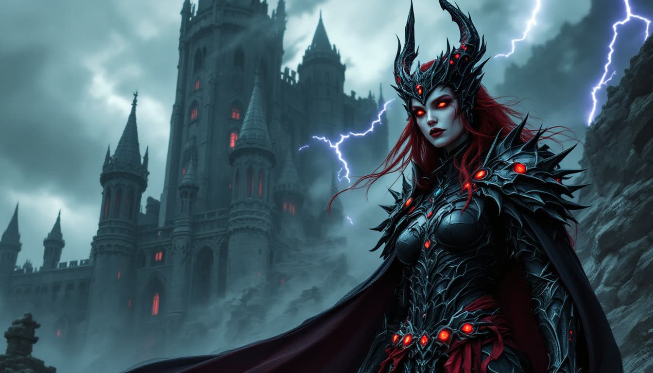 AI generated: A powerful dark fantasy female warrior queen standing before a towering gothic castle with black sto...