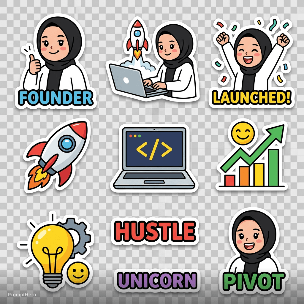 AI generated: tech startup stickers based on the uploaded logo, rocket ships, laptops, celebration emojis, modern ...