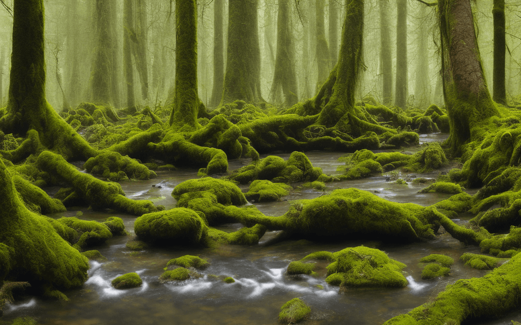 AI generated: A very old European, primeval forest with a small river in the middle. Moss is growing on stones and...