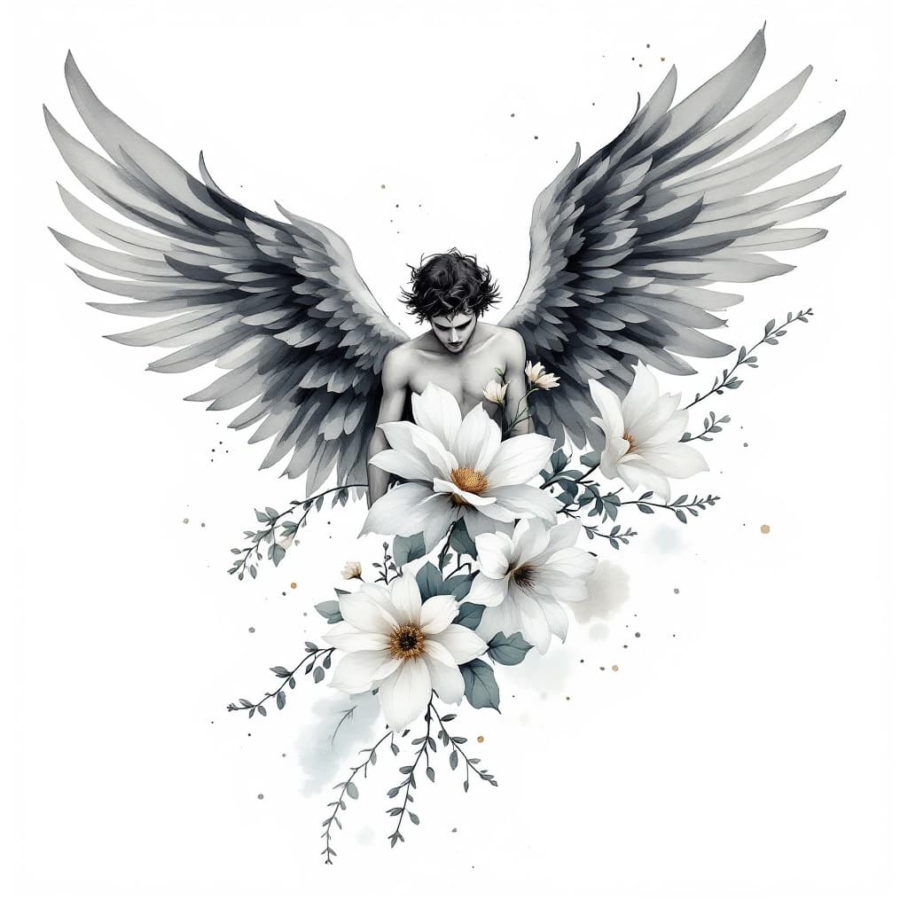AI generated: masterpiece,best quality,ink wash painting, male angel, Flat illustration vector, watercolor botanic...