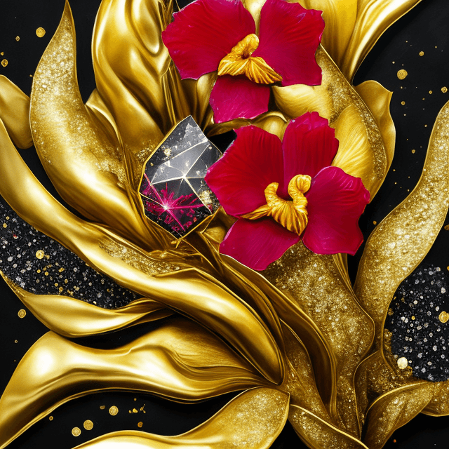AI generated:  Realistic 34k gold abstract with dripping look a 3D paint canvas a red, yellow, and black sparkling...