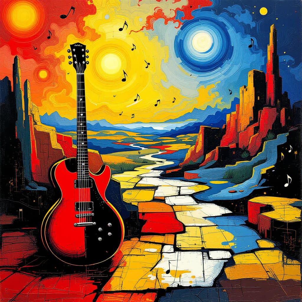 AI generated: "A vibrant fusion of rock and art, featuring a surreal landscape in the style of piet mondrian and g...