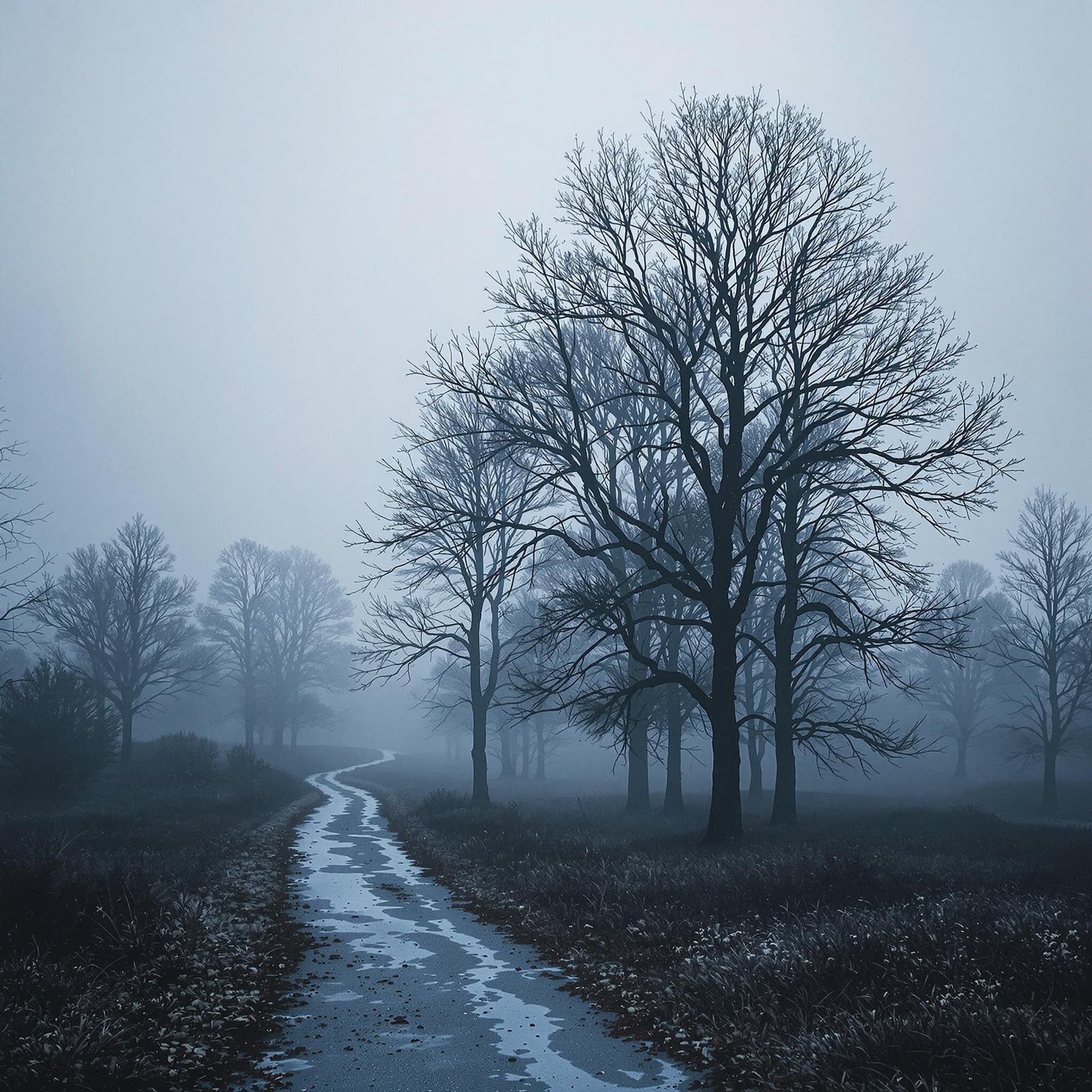 AI generated: High resolution photography trail of trees. dark gray and blue, mist, moody,gloomy,cold, winter, hi ...
