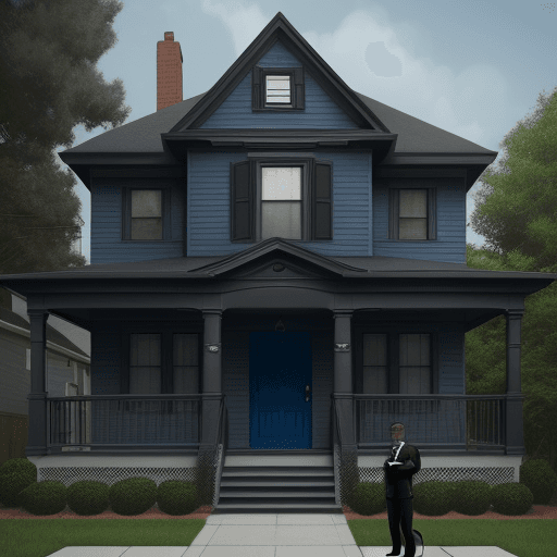 AI generated: Hyper realistic really heavy black suit case on a blue house down the block, on the porch - with a d...