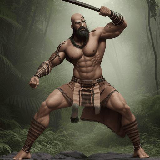 AI generated: The image shows a full-body indian jungle warrior, slender but muscular, with pronounced facial feat...