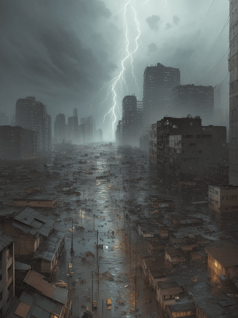 AI generated: A heavy storm and flooding of a slum area corner,flood,
rain,typhon,
litter,intricate detail,masterp...